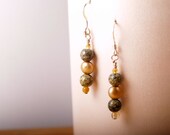 Mossy gold earrings of Russian jade, freshwater pearl, and citrine