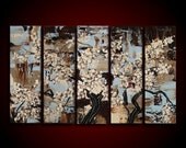 Large Painting Abstract Original Asian Art Artwork by The Raw Canvas Gallery White Blue Brown Black UNIQUE 5 Piece Huge 24 x 40