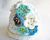Hand Knit Baby Hat, Crochet Flowers, Cotton Yarn White, Turquoise, Aqua Blue, Size 3 - 6 mos