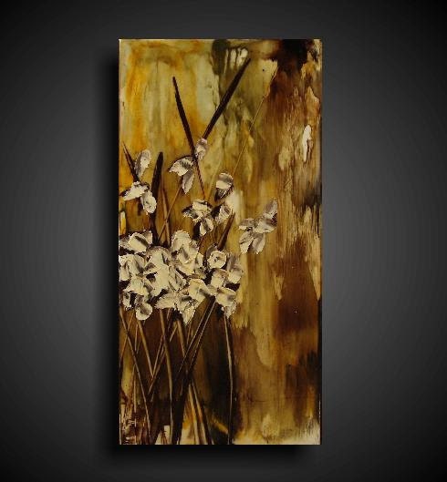The Raw Canvas Gallery - White Flowers Blossoms Encaustic Earthy Abstract Gift Original Painting by Stacy Hollinger Gold Yellow Brown