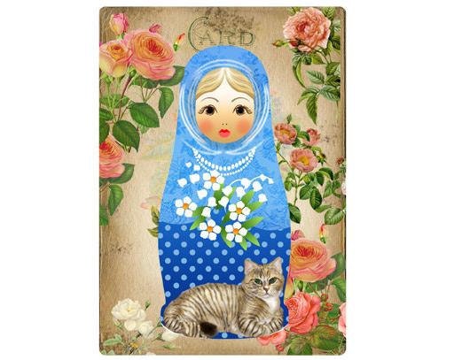Babushka Matryoshka doll cat card set of 4 Russian Nesting Dolls. Printable matrioshka image digital download 417