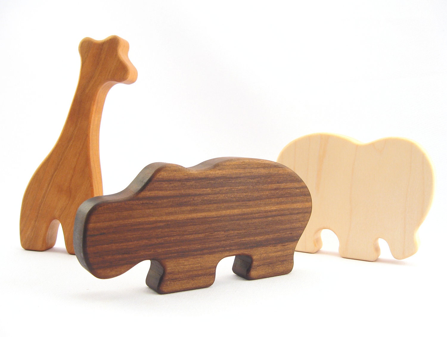 wooden teething toys - THREE natural wood teethers, free play toys for preschooler, African safari animals, eco-friendly with organic finish