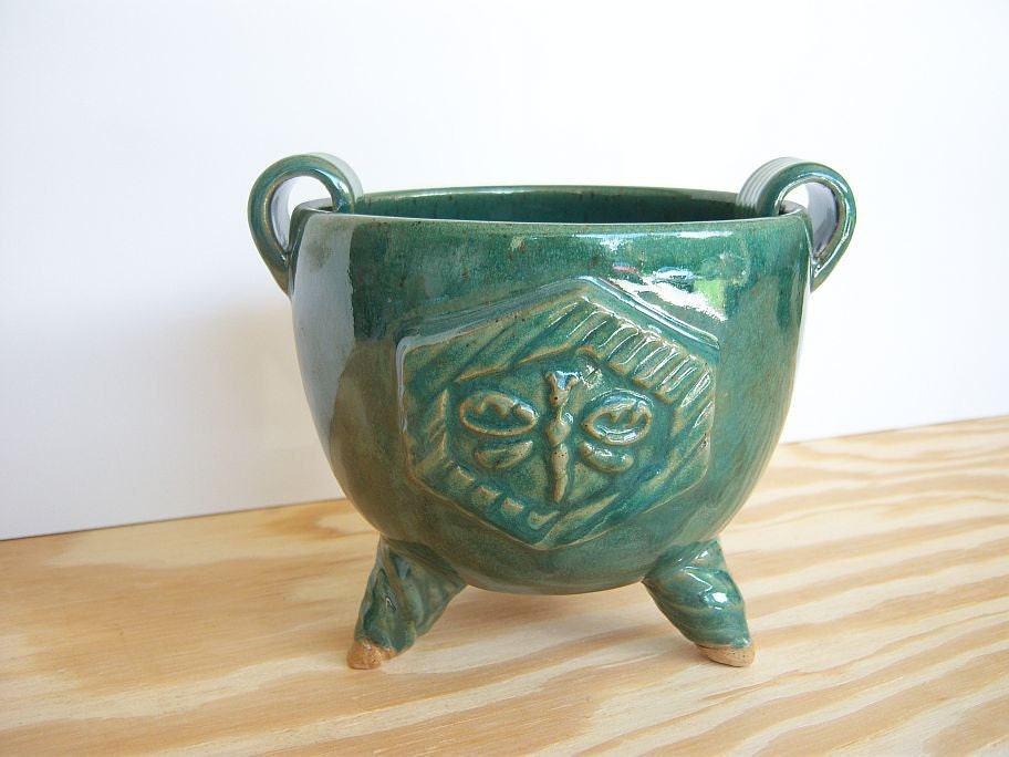 Stoneware Dragonfly Pot in Green Glaze