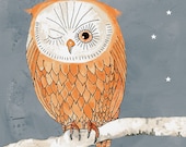 owl print illustration -Winking Owl by the light  of the moon,