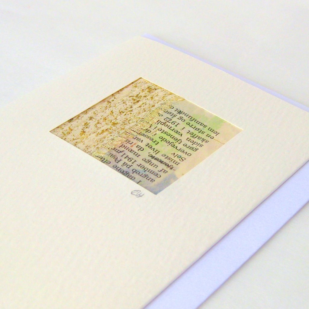 Card mini picture original collage fiber art Danish text
