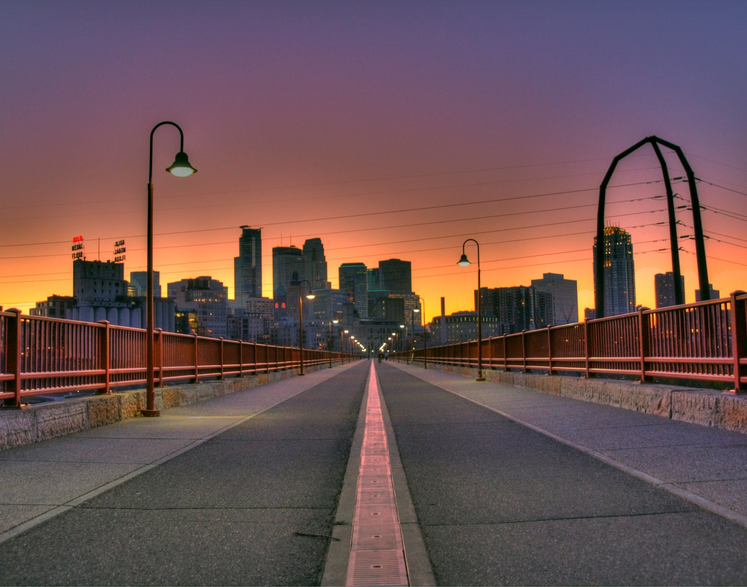 Sunset over the Downtown Minneapolis, MN skyline from Stone Arch Bridge - 11x14 Fine Art Print