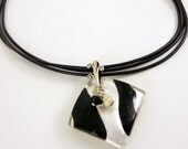 Black Silver Necklace Venetian Glass Pendant on Triple Strand Leather Cord