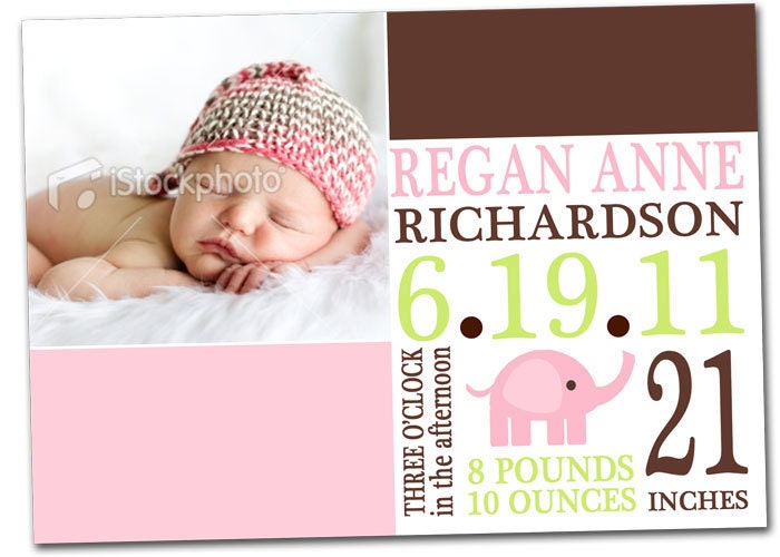 Printable Digital Photo Birth Announcement - Baby Girl - Pink Brown