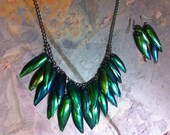Emerald Beetle Wing Green Bib Necklace and Earring Set, Xayide