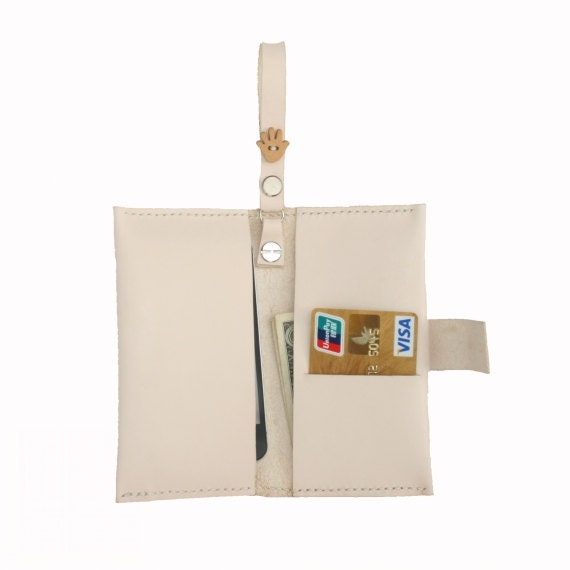 iPhone 4 Wallet Handmade Leather Case Pouch Card Holder White with Clasp Closure