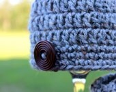 Crocheted Baby Button Hat and Ugg Inspired Booties  0-3 Months - Gray Tweed