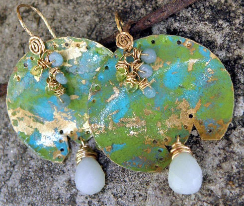 Gilded Lilypads, Painted Brass,14K Gold Filled, Peridot, and Amazonite earrings, ThePurpleLilyDesigns