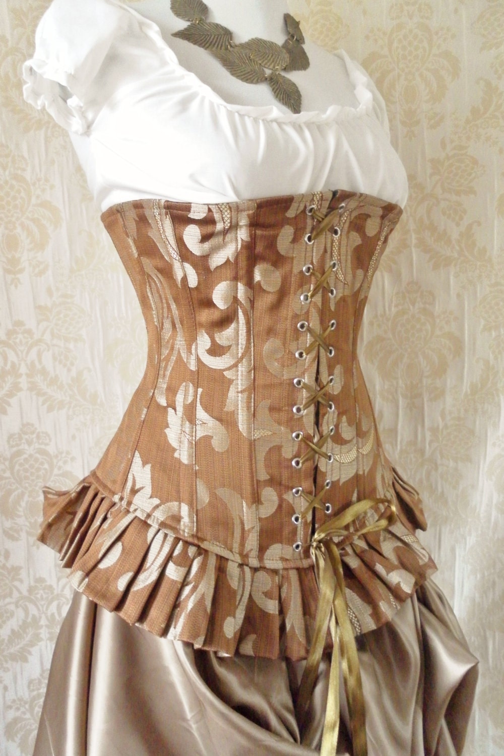 Parisienne frill underbust corset-caramel brown and gold tapestry steel boned burlesque corset, to fit 28-29 inch waist
