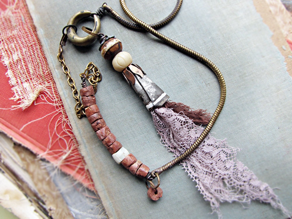 Whitethorn - tribal assemblage necklace - vintage lace - bauxite beads