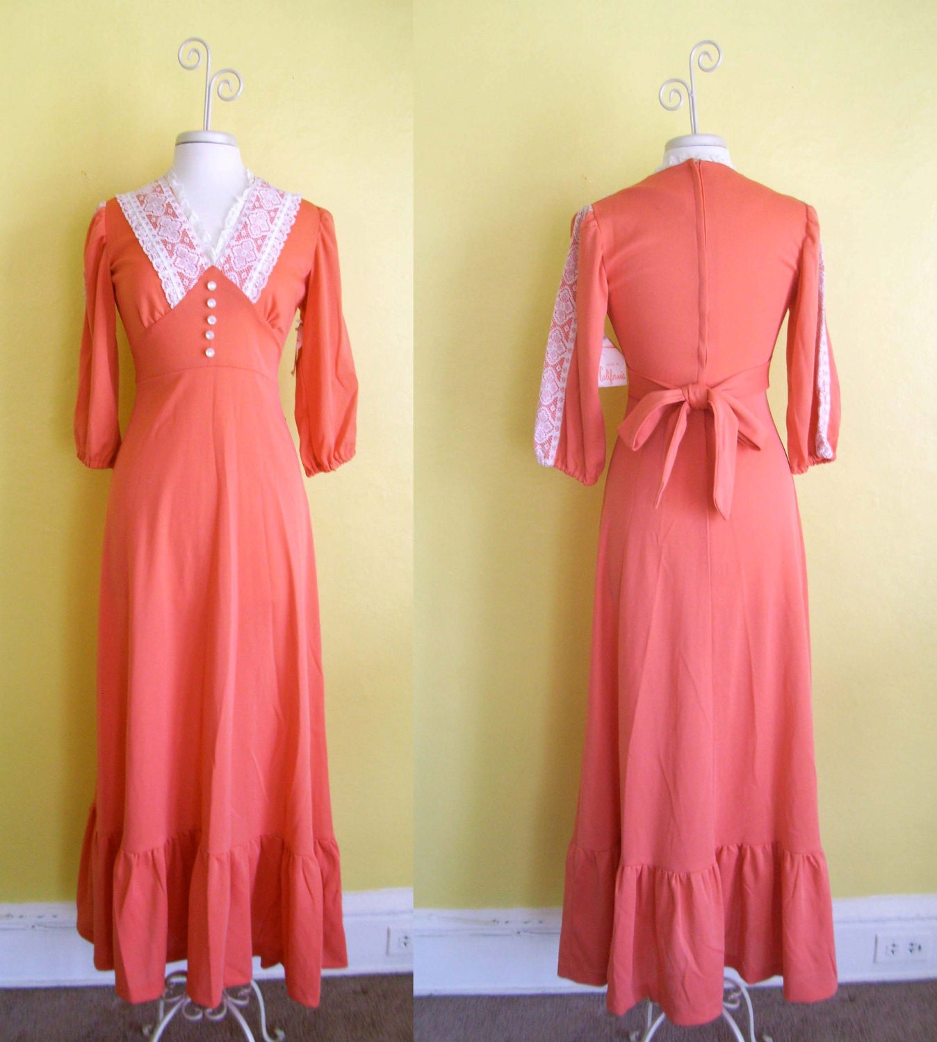 1970s NOS Coral and Lace Maxi Dress Size 6 Vintage