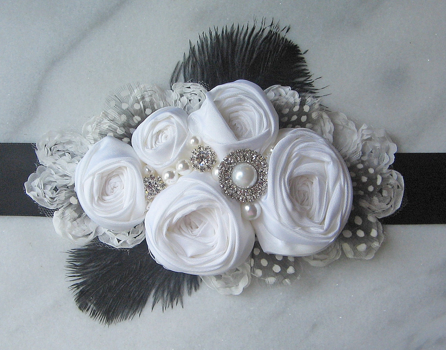 Bridal Sash, Black and White Sash, Pearls, Rhinestones, Roses, Feathers, Wedding Dress Sash - KEIRA