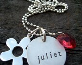 Hand Stamped Name Necklace with Swarovski Crystal Heart and Flower