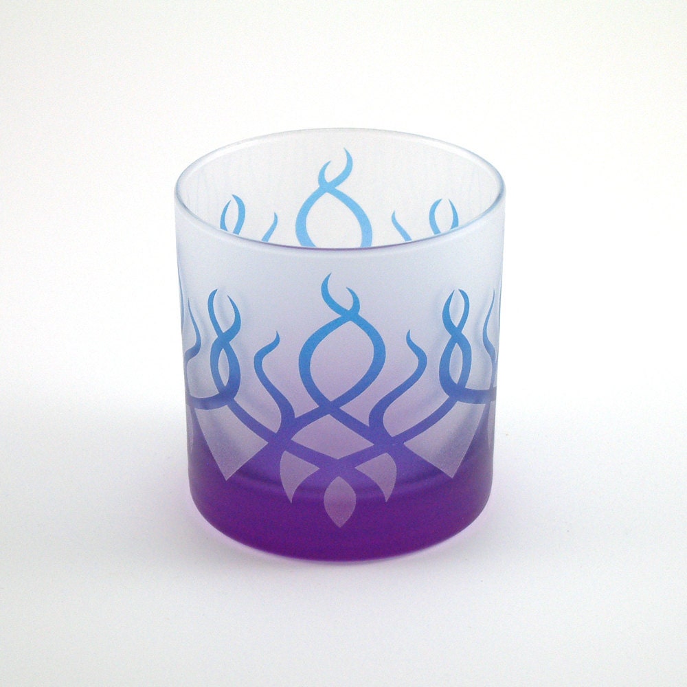 Glass Tumbler / Candle Holder - Strands - Blue and Purple Frost - Etched and Painted Glassware