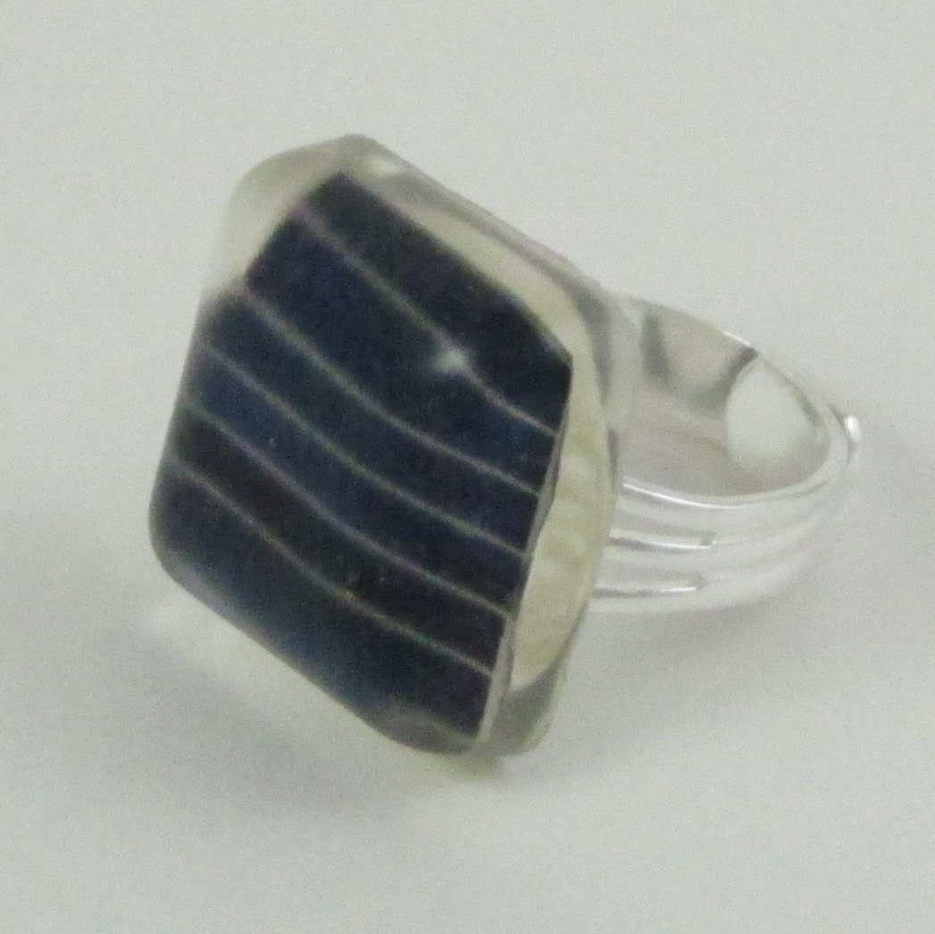 Silver Solar Panel Ring Bold Blue Square