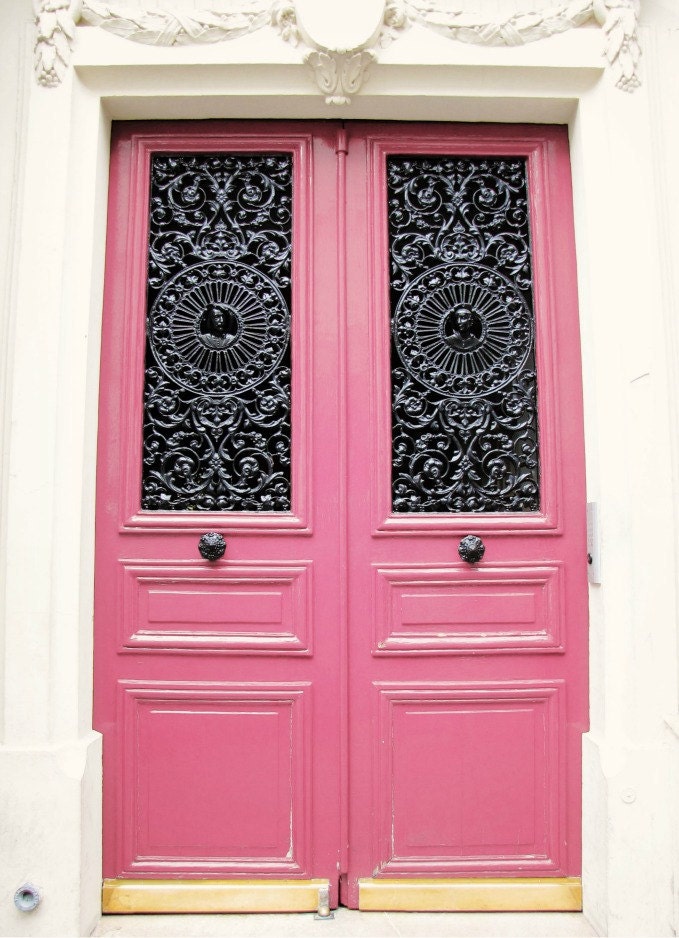 Paris Photo - 9x12 Pink Door, Hot Pink and Black - French Doors, Fashion - Women - Black and White - White Wall - Peony, Honeysuckle