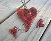 Red rustic polymer clay distressed red art heart leather imprinted pendant set