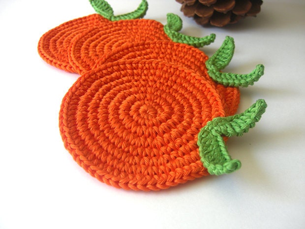 Doce Coasters Orange. Citrus Juice Mandarin Verde Drink Bebidas Leaves Decor coleção Fruit Crochet - Conjunto de 4