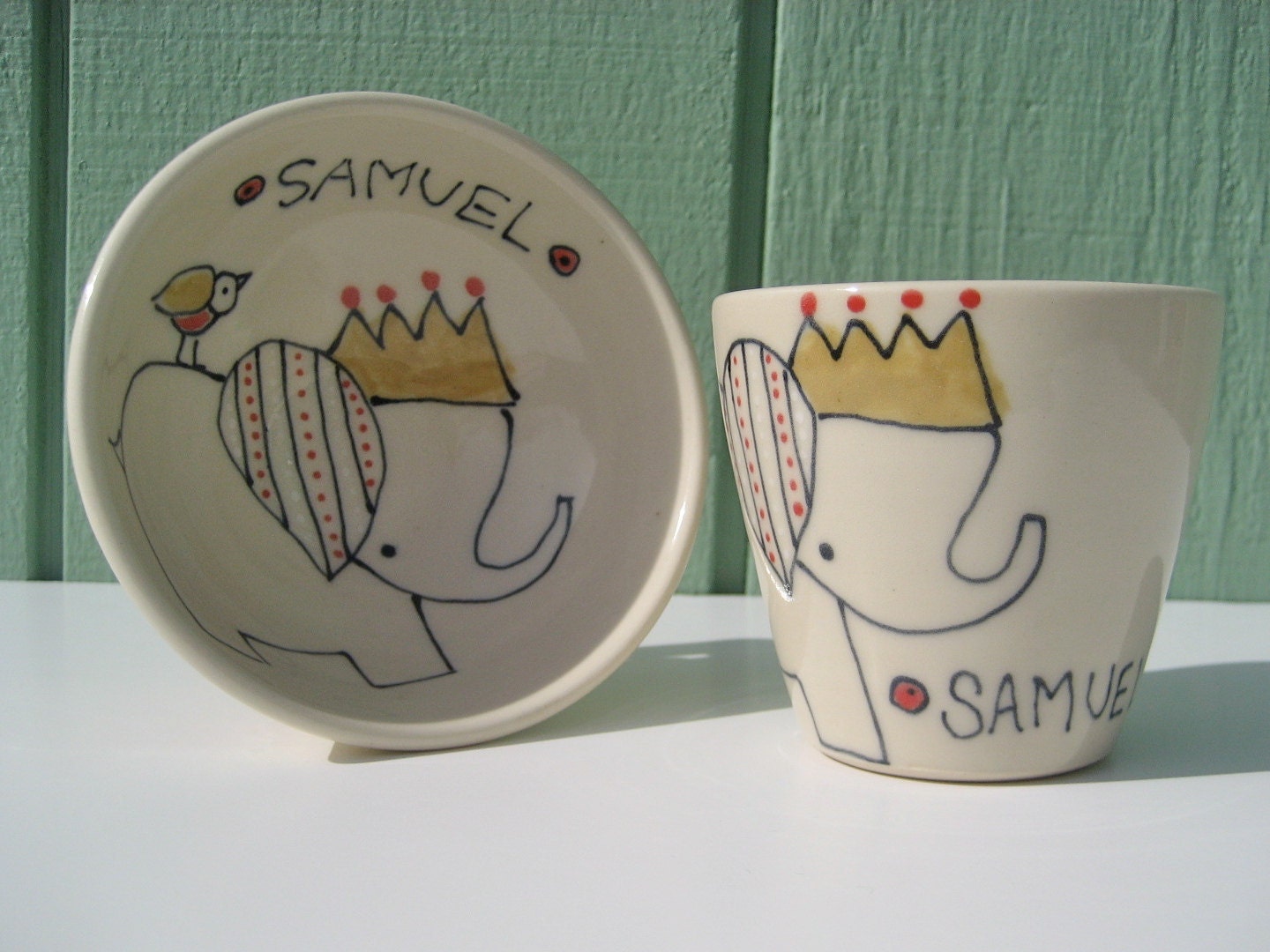 Personalized Baby Gift Set - Elephant with Crown and Bird- Small Bowl and Juice Cup- Personalized Baby Gift
