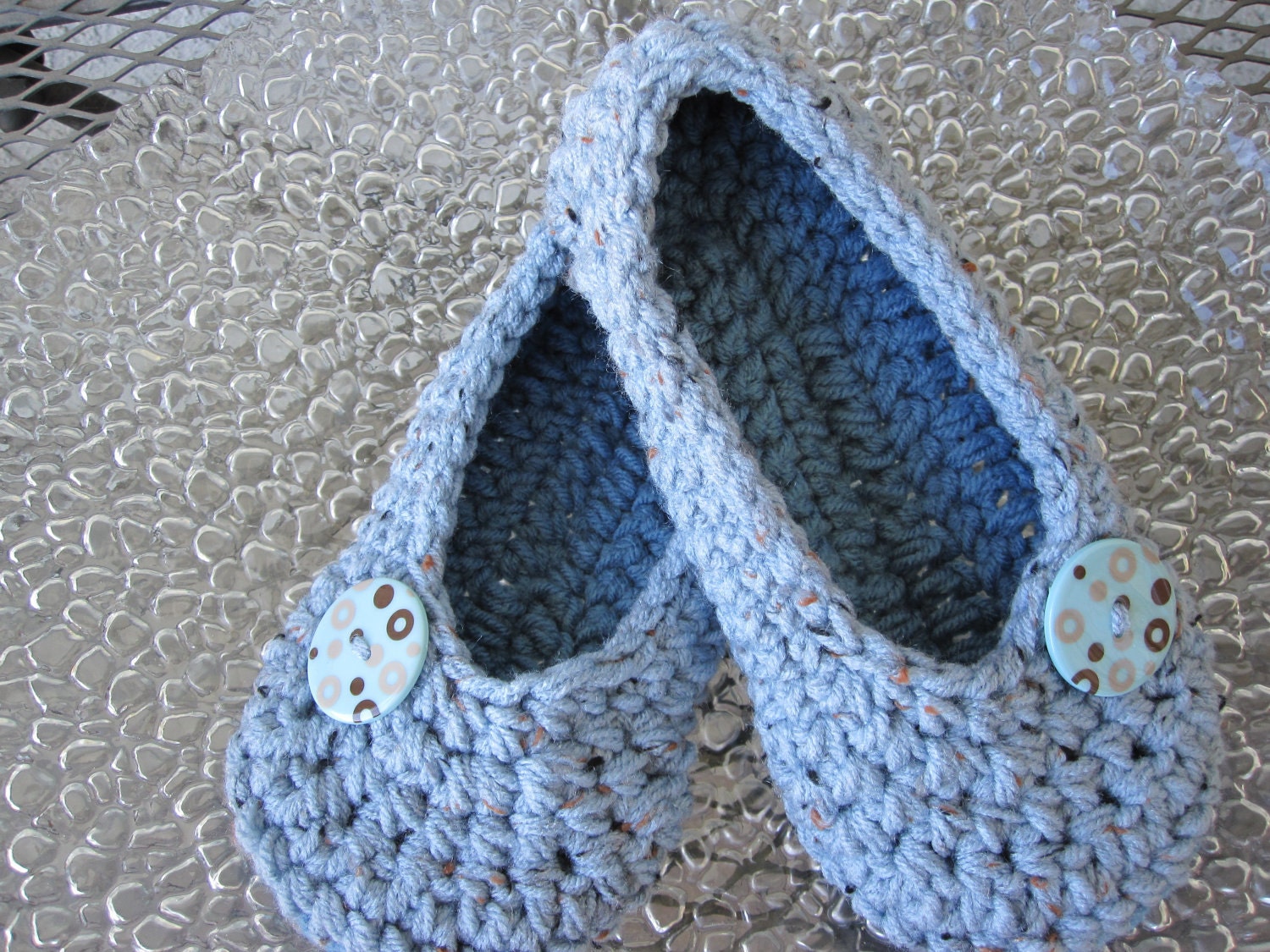 Crochet Womens Slippers - Blue Flecks and Country Blue - Size 3-12