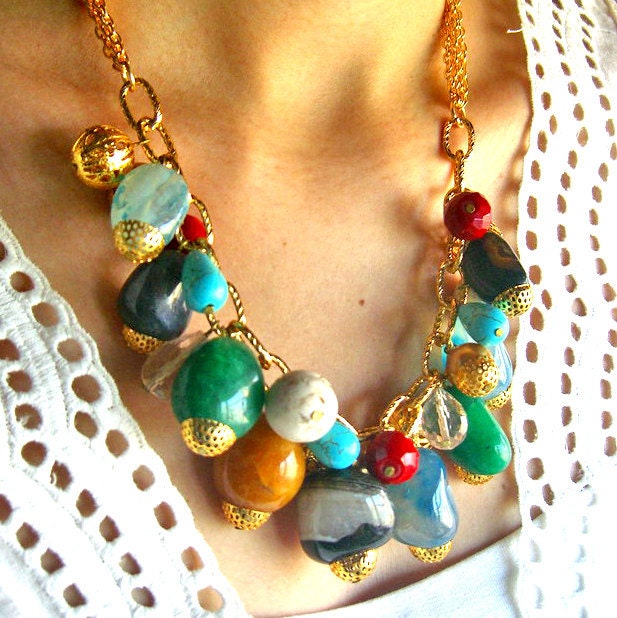 Multicolored statement necklace - bib necklace with gemstone nuggets, onyx beaded stone colorful necklace - red blue green yellow -  rainbow