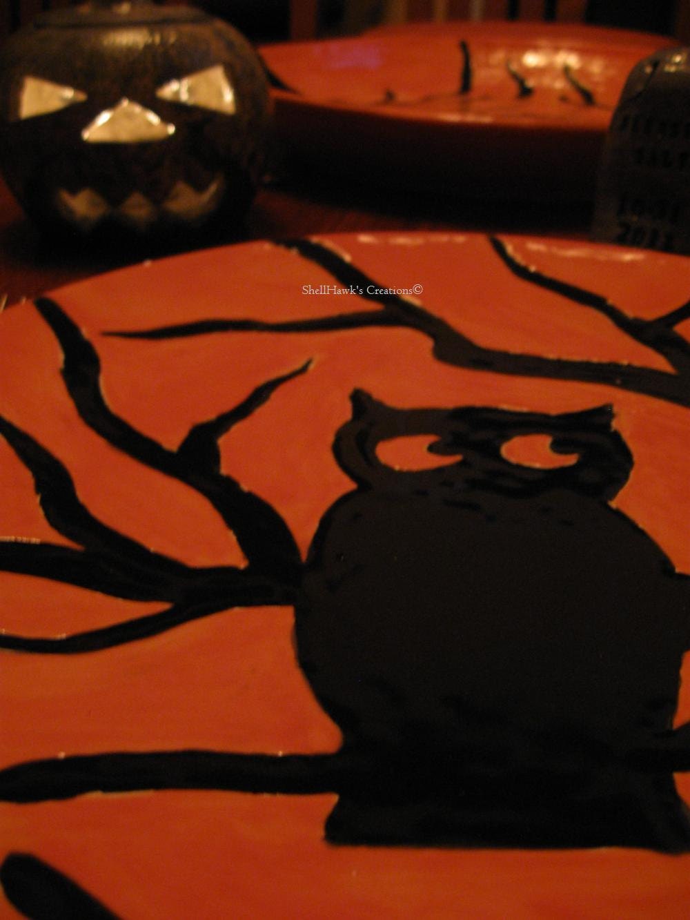 Halloween Owl on a Branch Plate, in Orange and Black