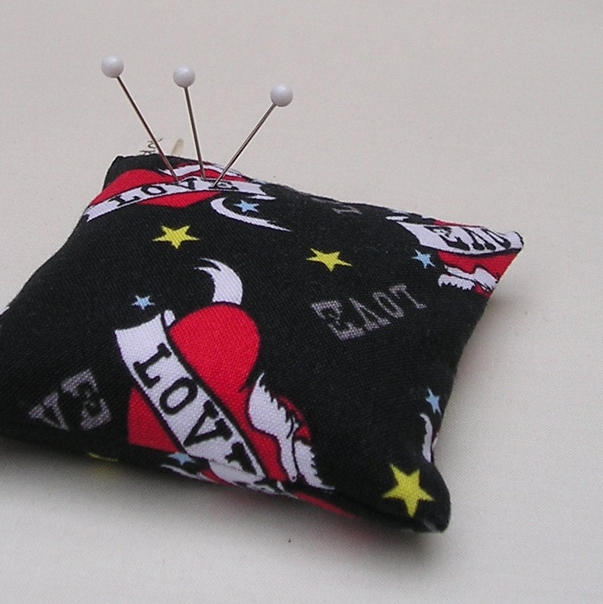 Large Emery Pincushion / Pin Cushion  -  Tattoo Love Hearts