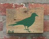 Green bird Reclaimed barn wood screen printed wall hanging