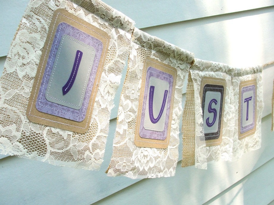 Wedding Banner JUST MARRIED Burlap Banner with Lace, Custom Colors Available