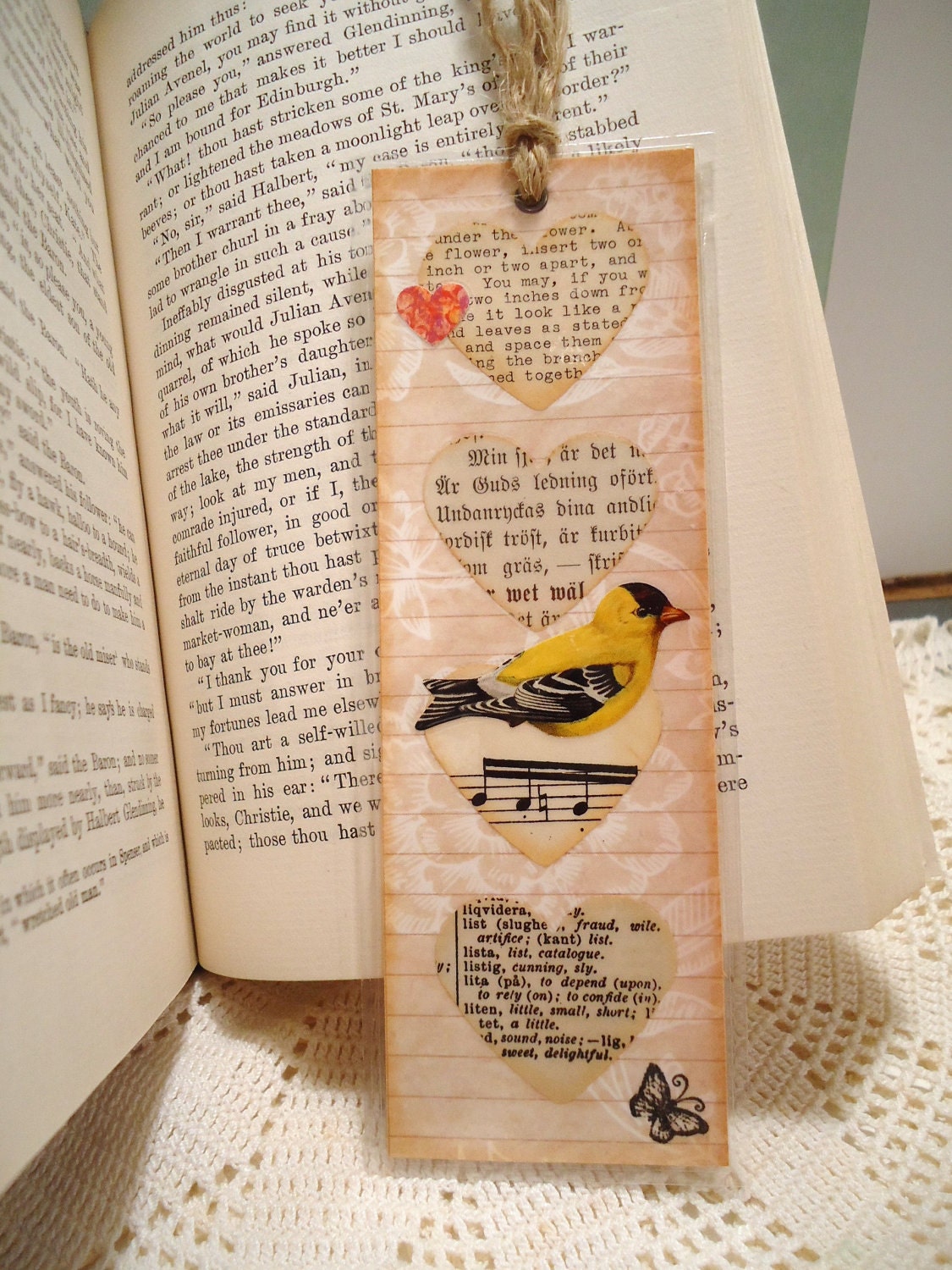 OOAK Bookmark - A Bird in my Heart  Mixed Collage, Laminated