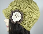 Visor Beanie Hat in Avocado Green with Chocolate Brown, Cream Flower