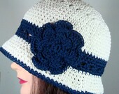 Cloche Hat in White with Navy Blue Crochet Flower, Band, Edge