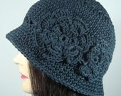 Womens Cloche Hat in Black with 2 Flowers