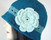 Cloche Hat in Teal with Mint Green Flower