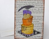 Raven on a Whimsical Tiered Cake - Original Painting - Halloween Card - Watercolor and Ink on Printed Book Page  - Blank Inside