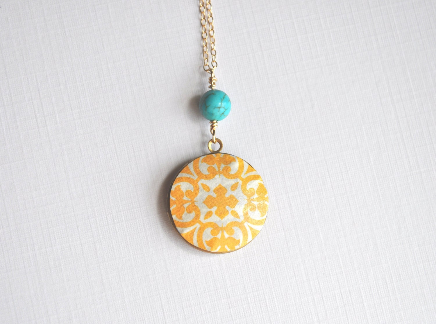 Sunshine Locket Necklace - long, round locket,  yellow, turquoise, & gold - simple modern jewelry - adencreations