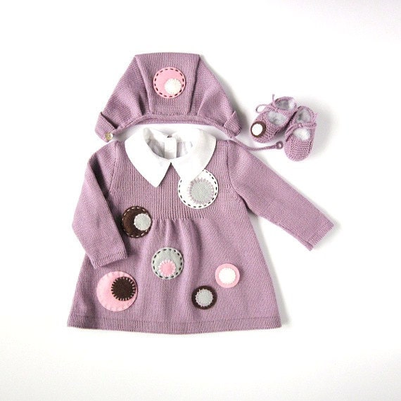 Knitted dress, hat and booties set for baby girl, in purple