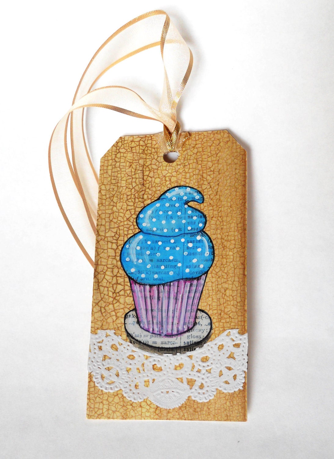 Cupcake Gift Tag - Original Mixed Media Art - Polka Dots - Hand Painted