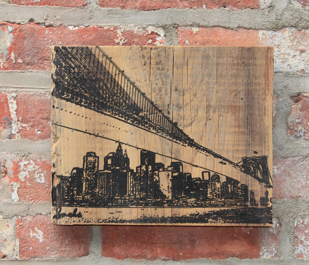 Black Brooklyn Bridge Skyline - Reclaimed barn wood screen printed wall hanging