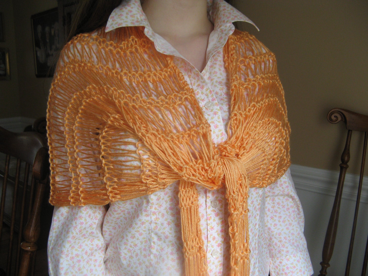 Scarf Wrap Shawl Sarong Orange Peach Melon Soft Versatile Hand Knit
