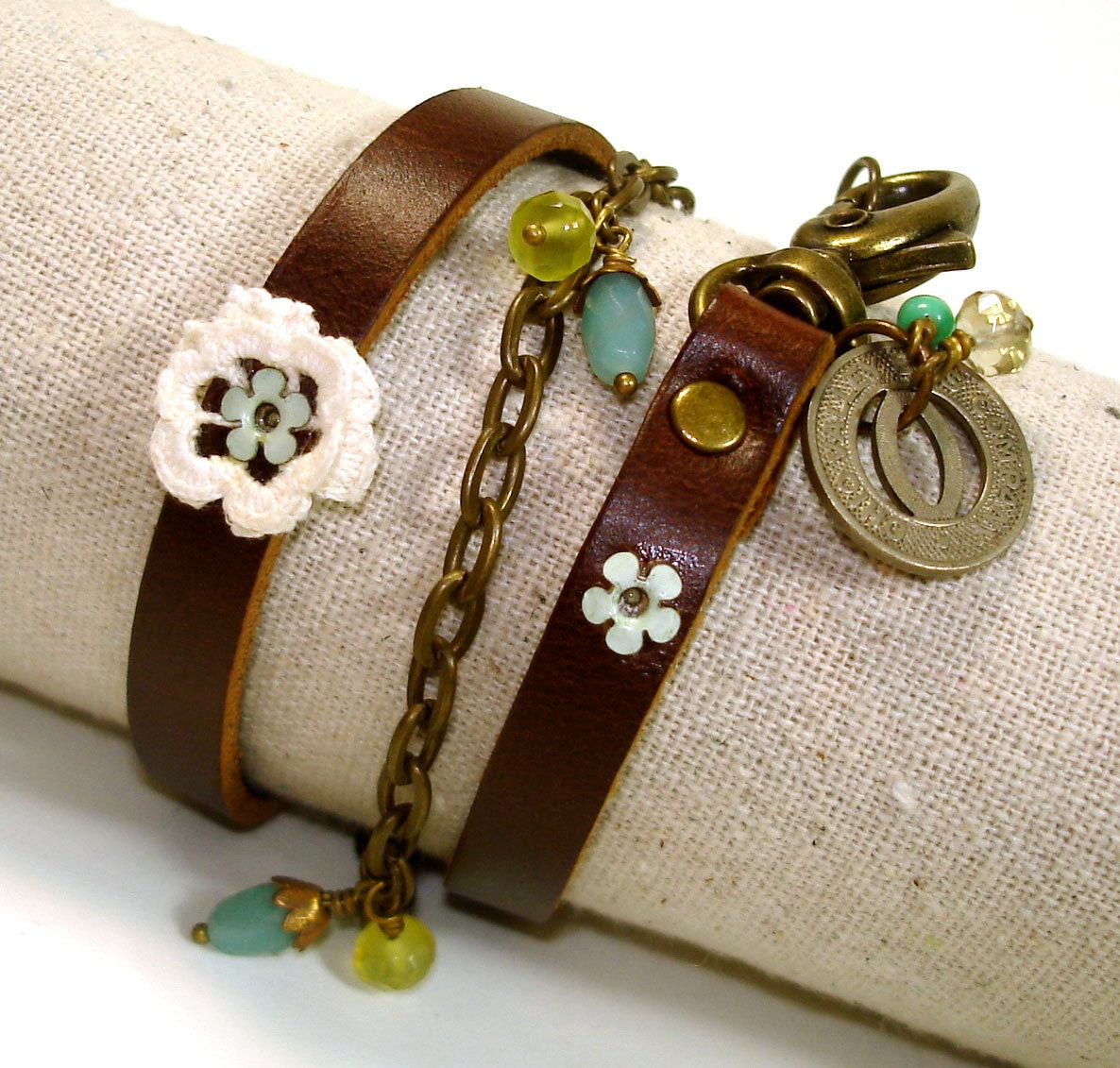 RESERVED Listing-Leather, Lace and  Amazonite Bead Wrap Bracelet