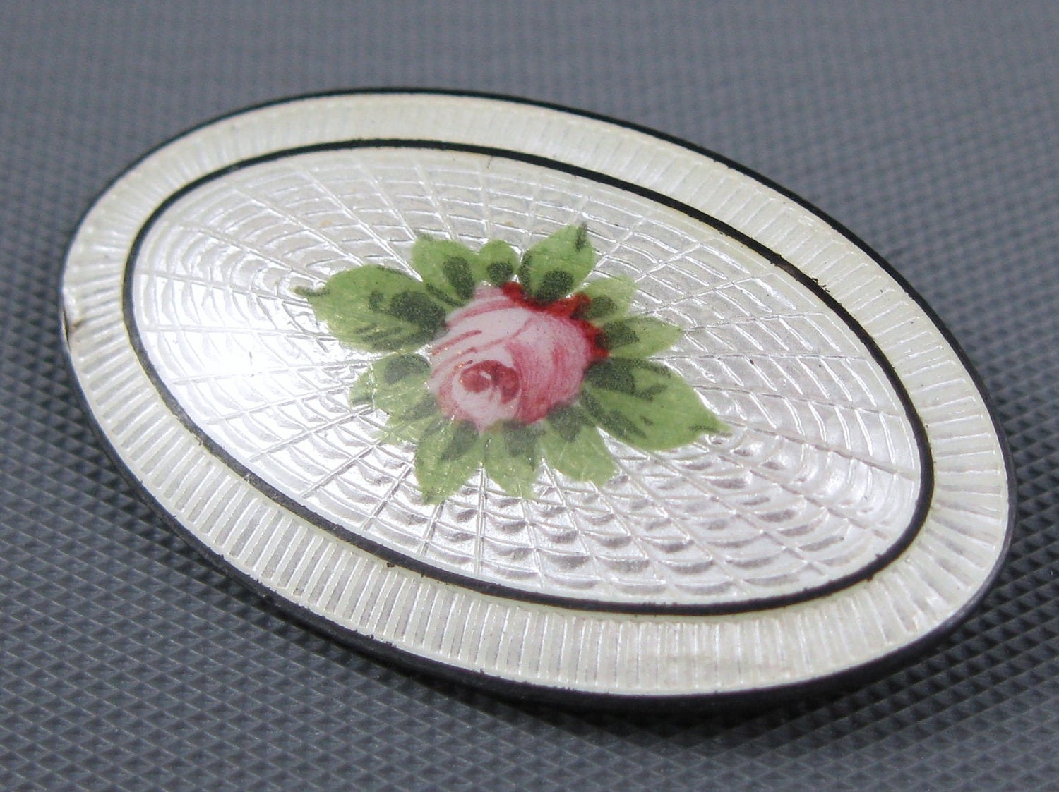 Sterling Art Nouveau White Guilloche Enamel Roses C-clasp Pin Signed Old