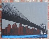 Slate stretched Linen Brooklyn Bridge Wall Hanging - Turquoise/Maroon/Grey