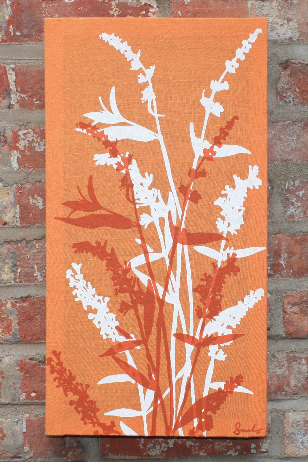 Pumpkin/White on Pumpkin Colored Stretched Linen Botanical Wall Hanging