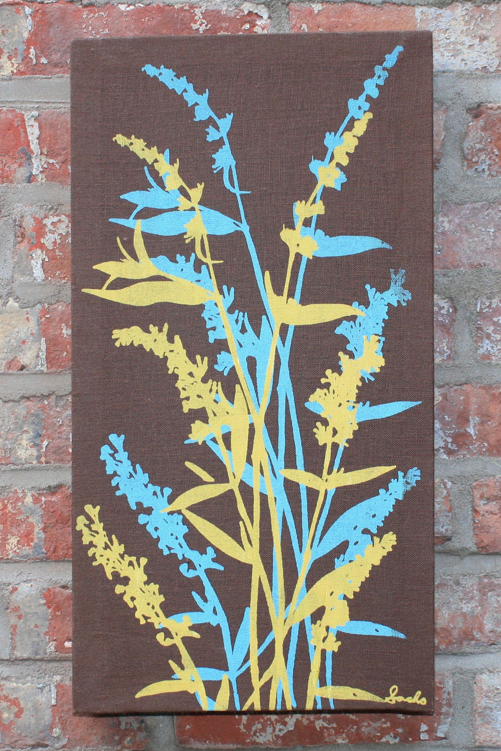 Brown Stretched Linen Flowers Wall Hanging - Turquoise/Mustard