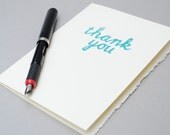 Turquoise Thank you Card - Cursive Linocut Print - 5 x 7 inches - Blank Inside